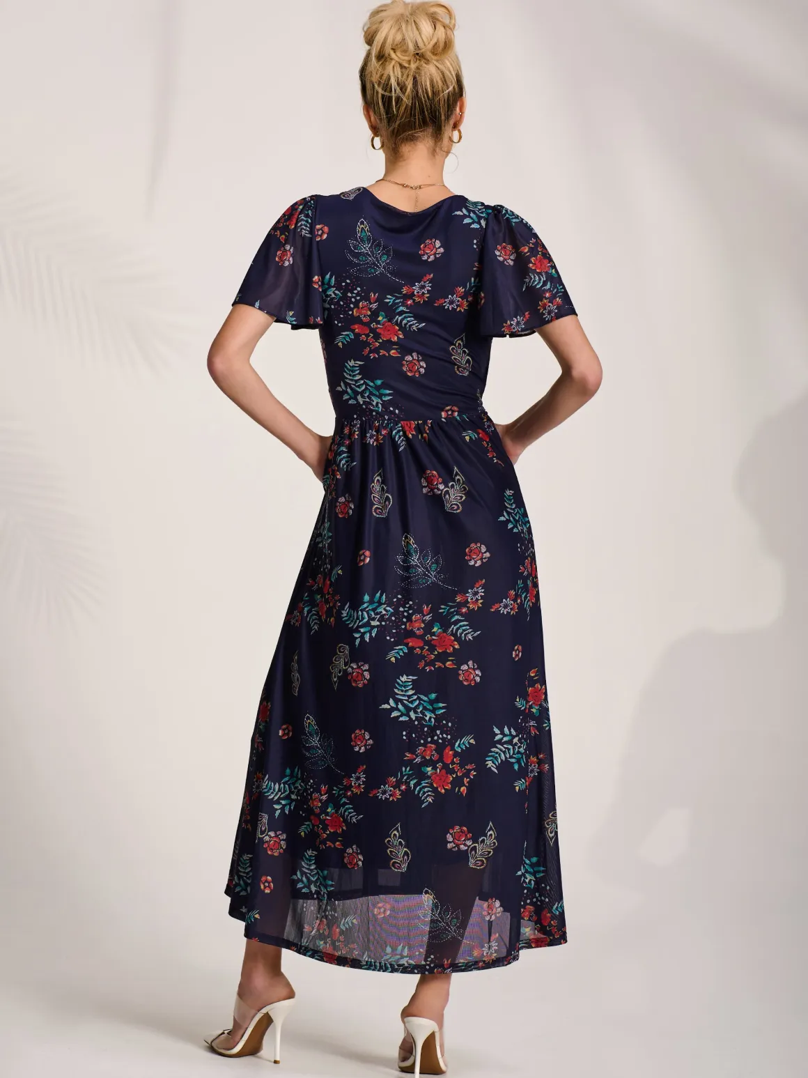 Mesh Short Sleeve Midaxi Dress, Navy Orange Multi