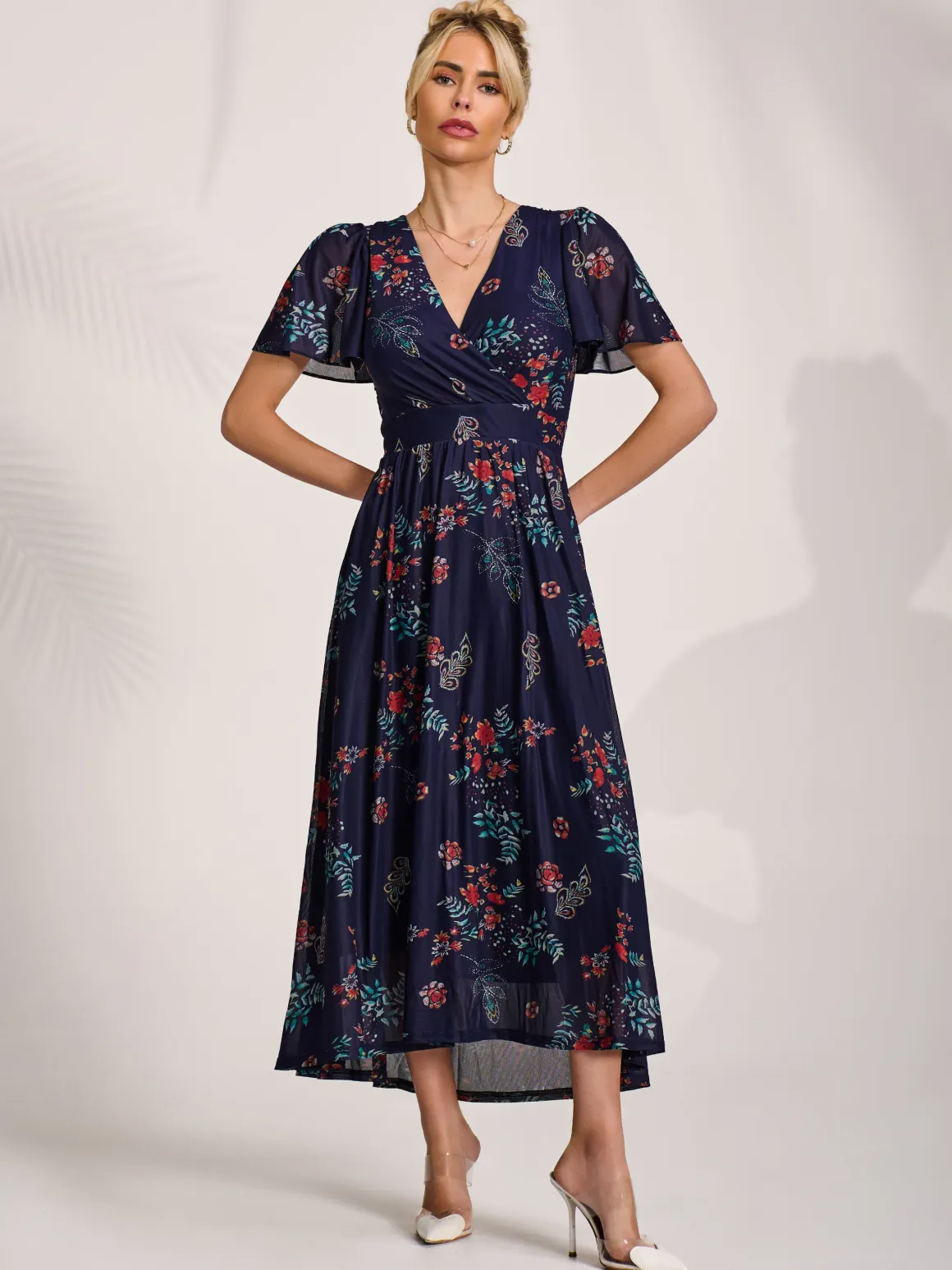 Mesh Short Sleeve Midaxi Dress, Navy Orange Multi