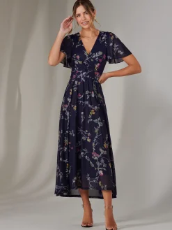 Mesh Short Sleeve Midaxi Dress, Navy Pink Multi