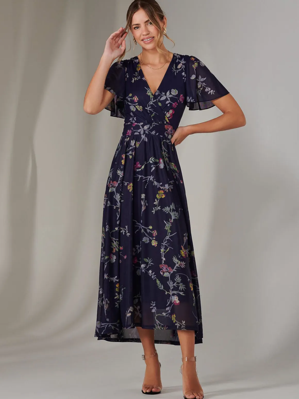 Mesh Short Sleeve Midaxi Dress, Navy Pink Multi
