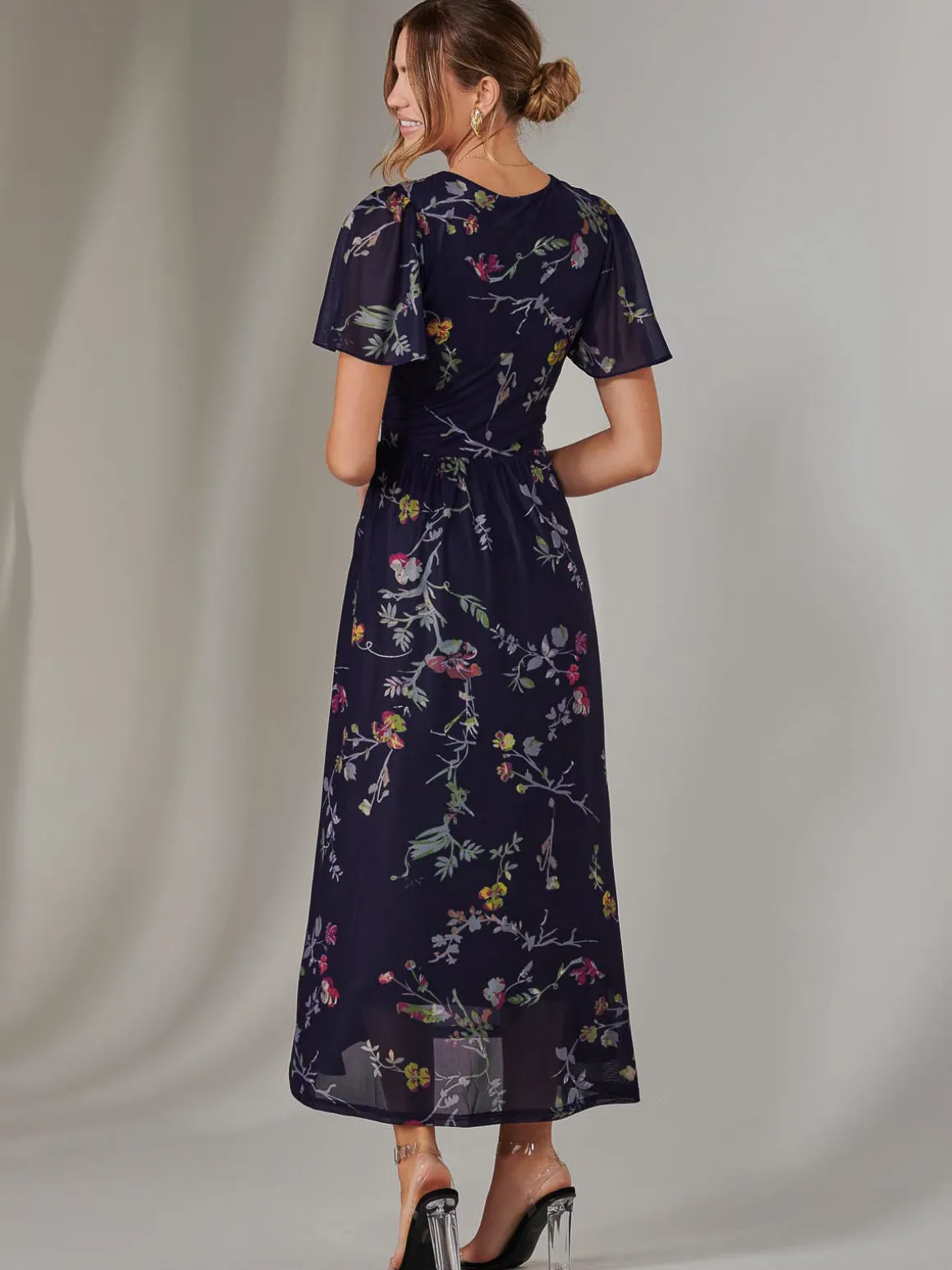 Mesh Short Sleeve Midaxi Dress, Navy Pink Multi