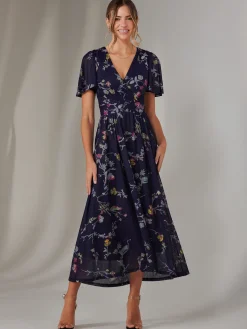 Mesh Short Sleeve Midaxi Dress, Navy Pink Multi