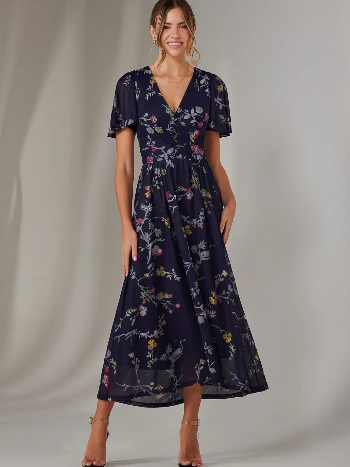Mesh Short Sleeve Midaxi Dress, Navy Pink Multi