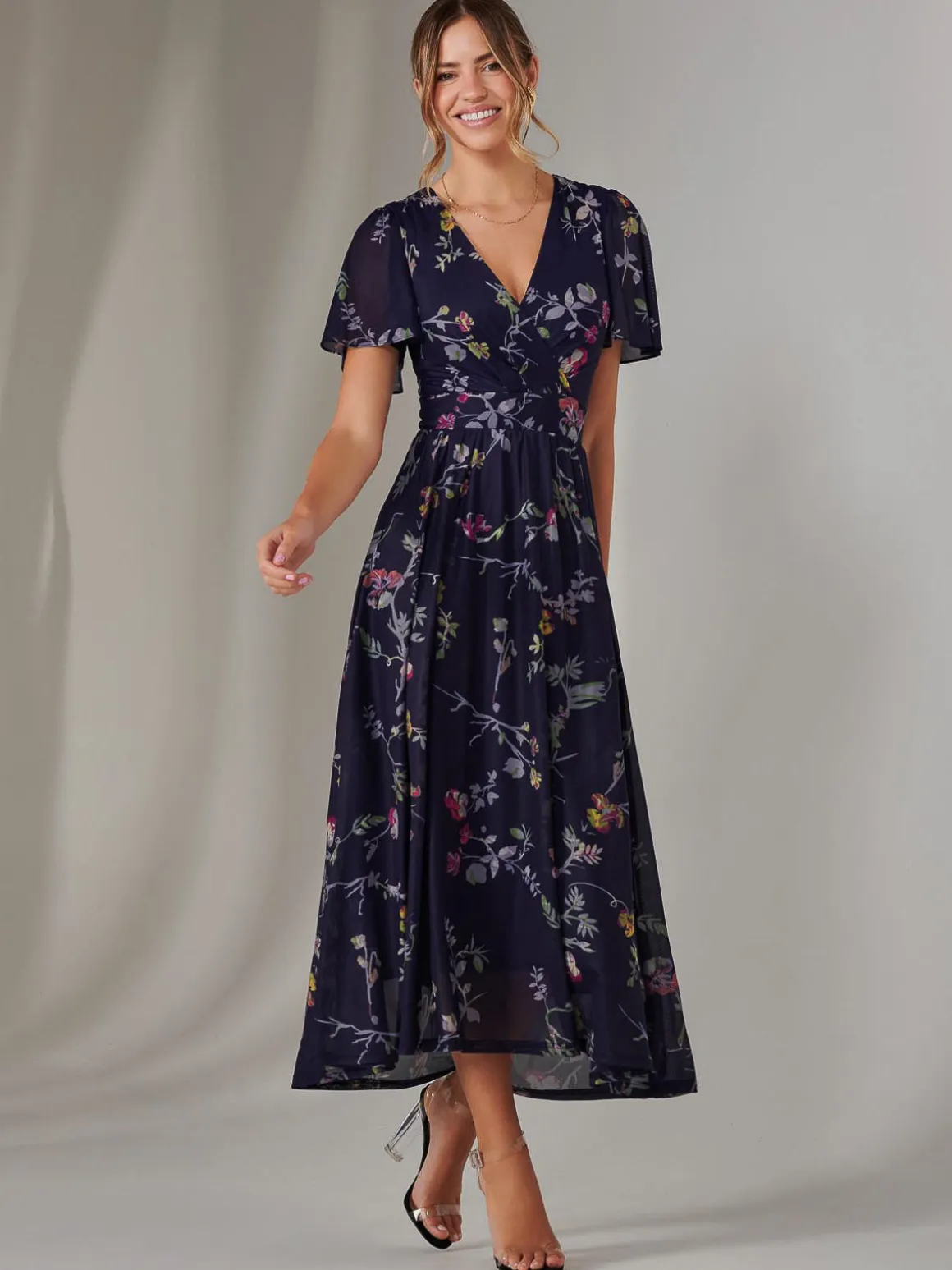 Mesh Short Sleeve Midaxi Dress, Navy Pink Multi