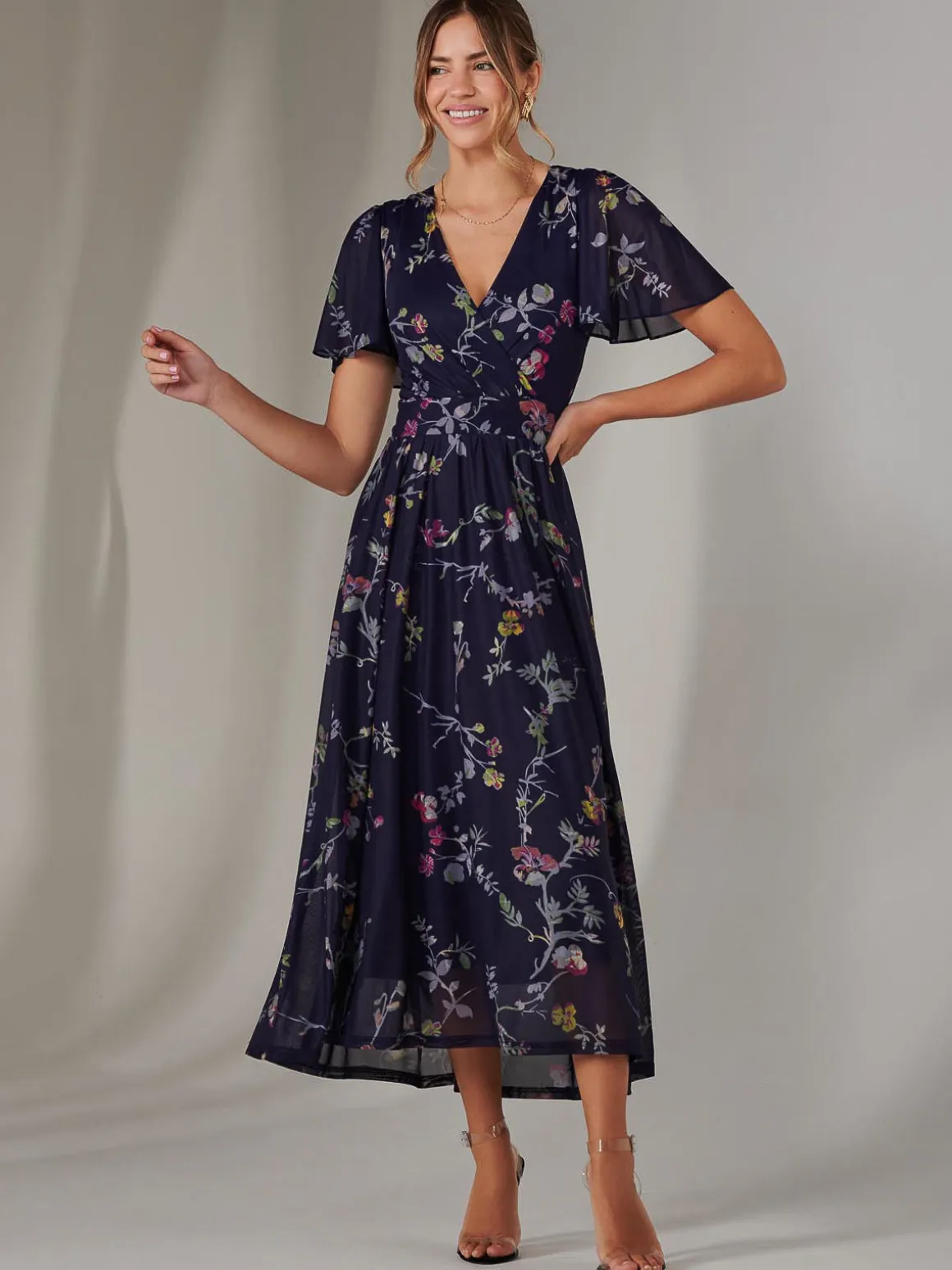 Mesh Short Sleeve Midaxi Dress, Navy Pink Multi
