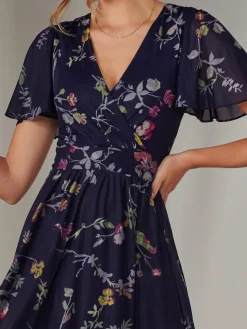 Mesh Short Sleeve Midaxi Dress, Navy Pink Multi