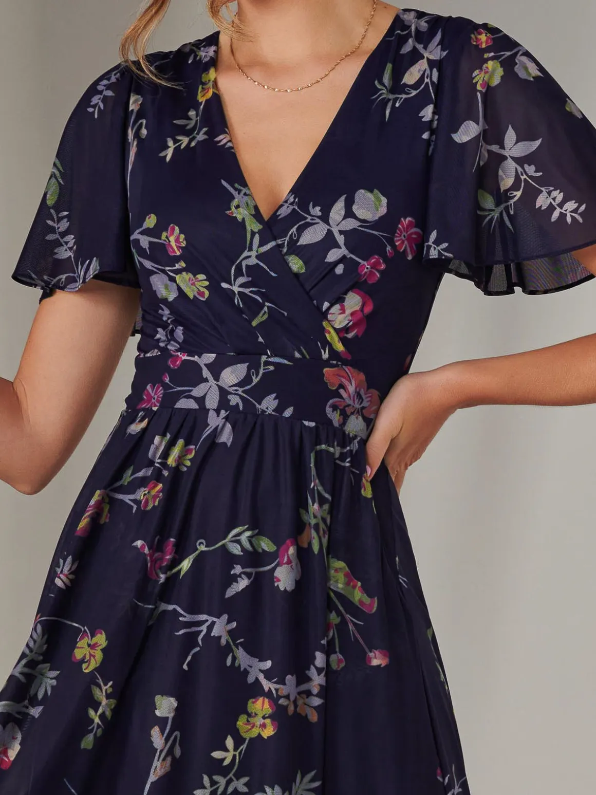 Mesh Short Sleeve Midaxi Dress, Navy Pink Multi