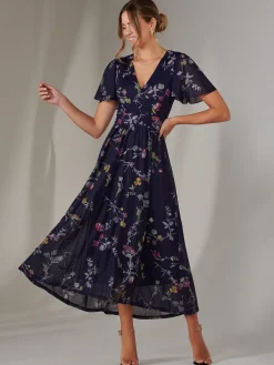 Mesh Short Sleeve Midaxi Dress, Navy Pink Multi