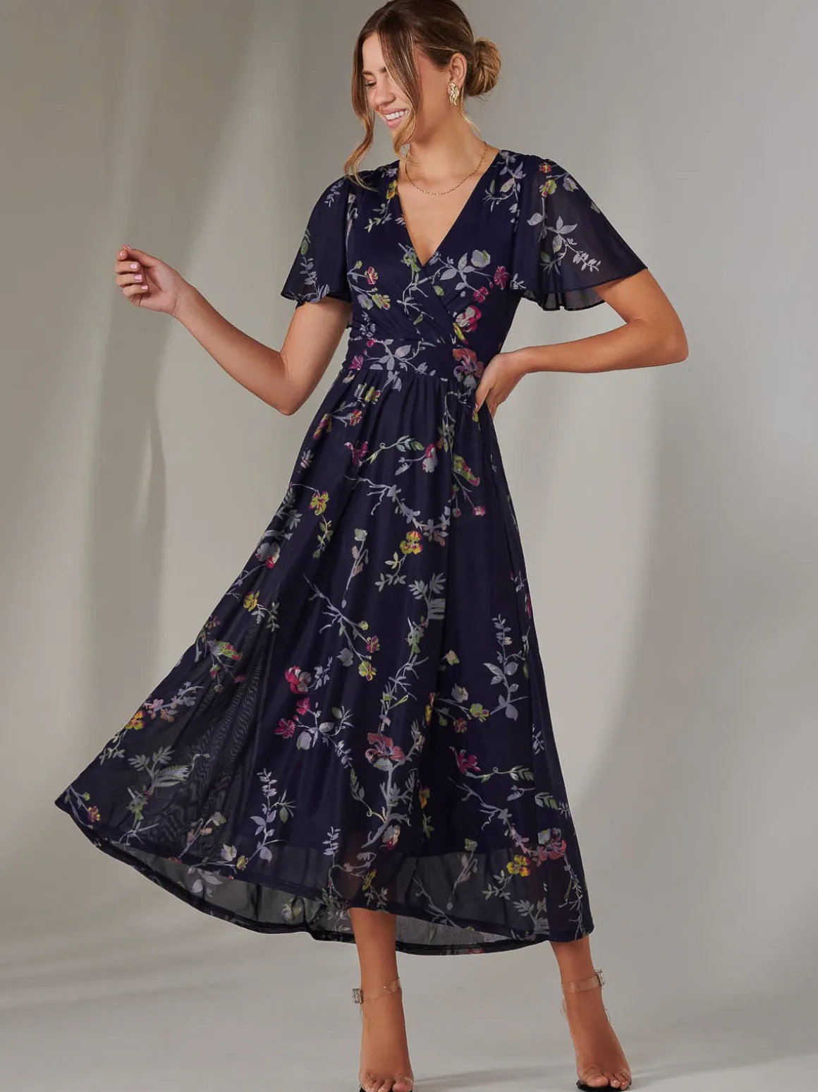 Mesh Short Sleeve Midaxi Dress, Navy Pink Multi