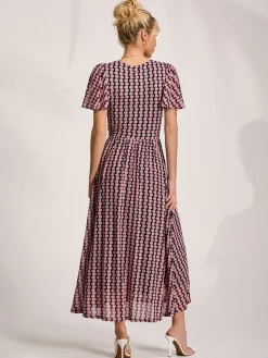 Mesh Short Sleeve Midaxi Dress,Pink Geo