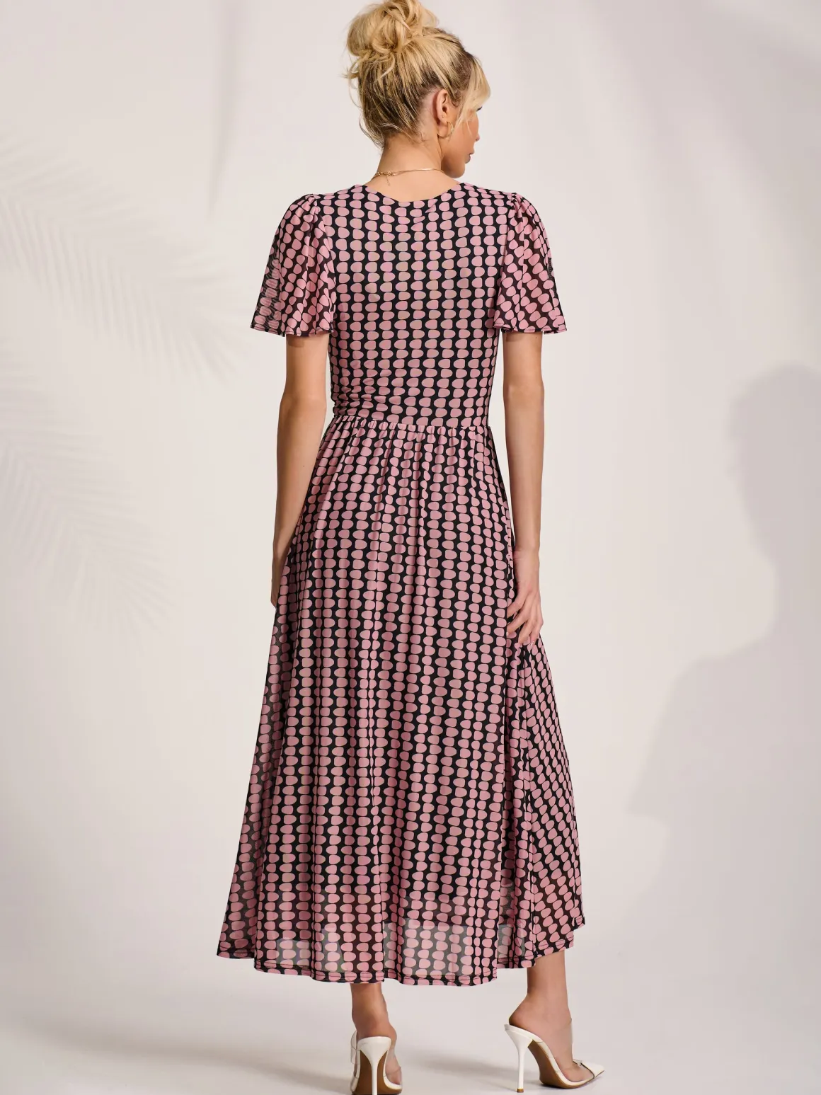 Mesh Short Sleeve Midaxi Dress,Pink Geo