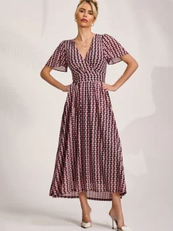 Mesh Short Sleeve Midaxi Dress,Pink Geo