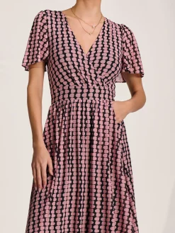 Mesh Short Sleeve Midaxi Dress,Pink Geo