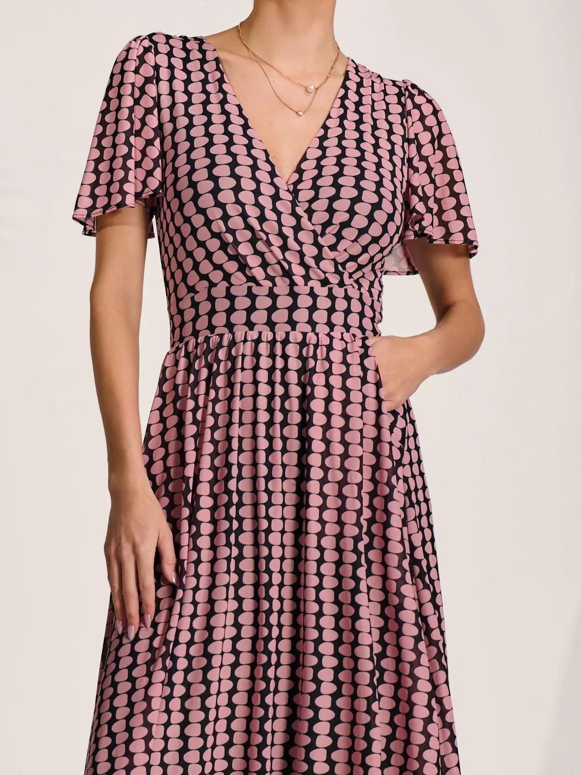 Mesh Short Sleeve Midaxi Dress,Pink Geo