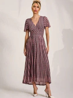 Mesh Short Sleeve Midaxi Dress,Pink Geo
