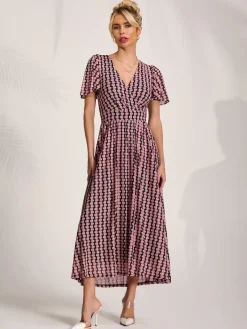 Mesh Short Sleeve Midaxi Dress,Pink Geo