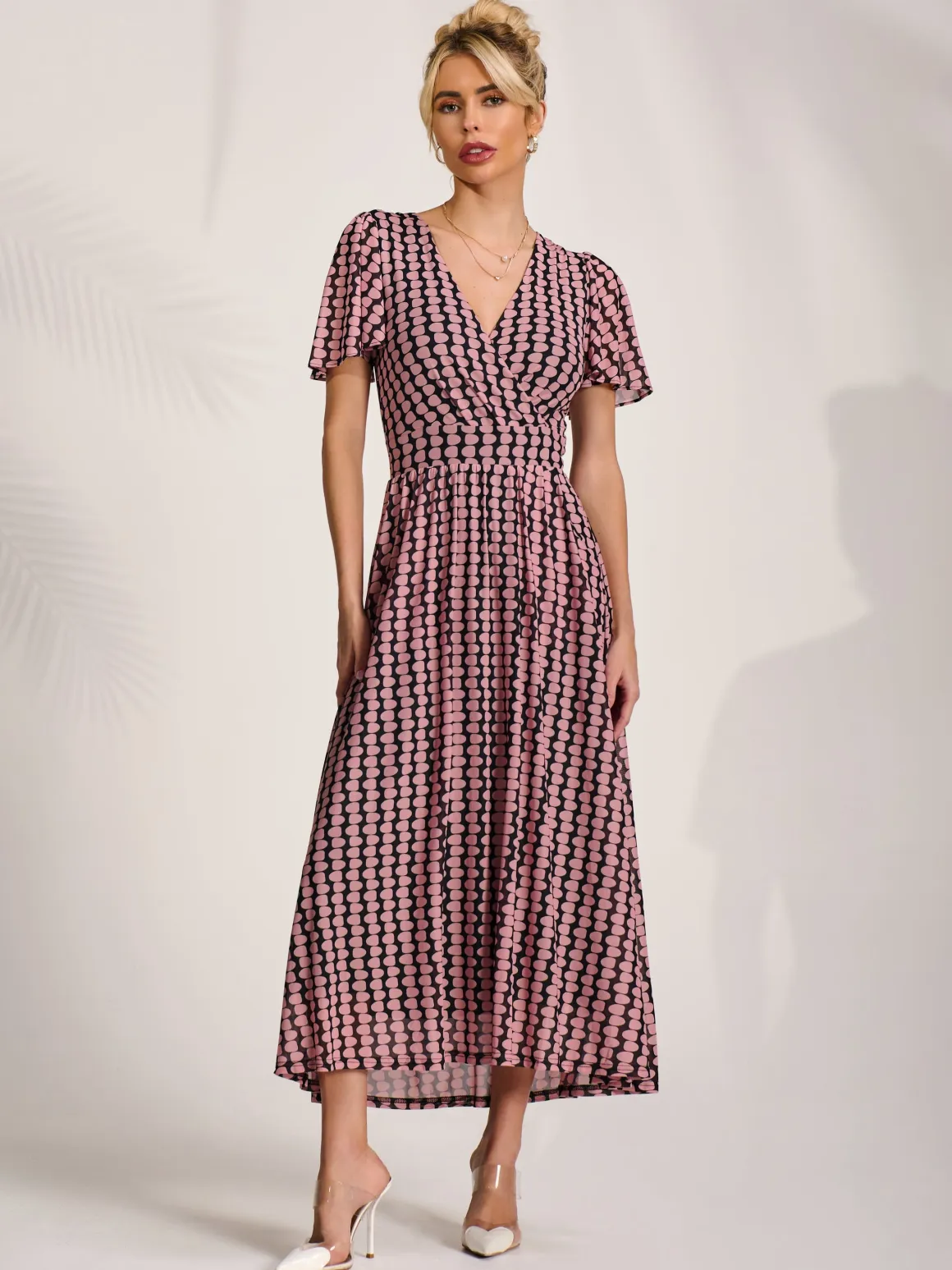 Mesh Short Sleeve Midaxi Dress,Pink Geo