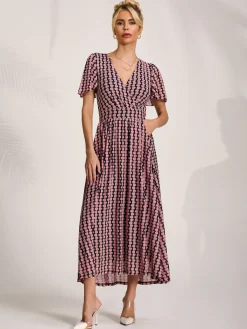 Mesh Short Sleeve Midaxi Dress,Pink Geo