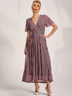 Mesh Short Sleeve Midaxi Dress,Pink Geo