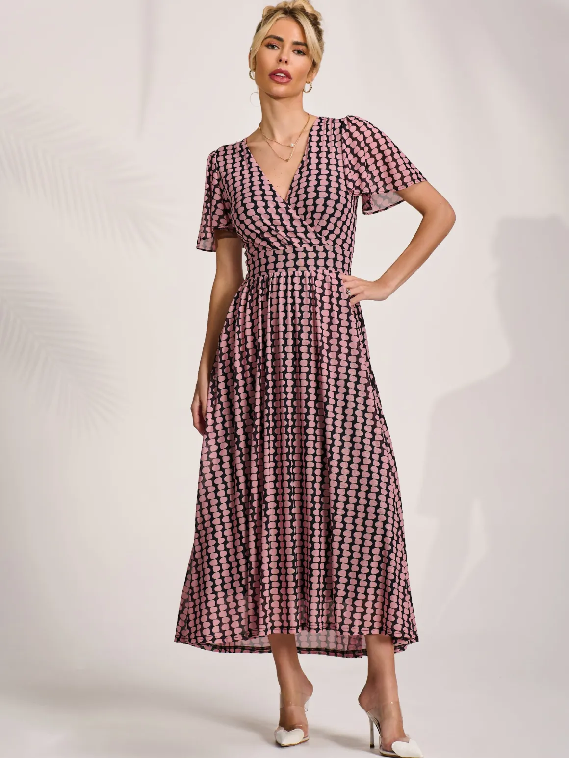 Mesh Short Sleeve Midaxi Dress,Pink Geo