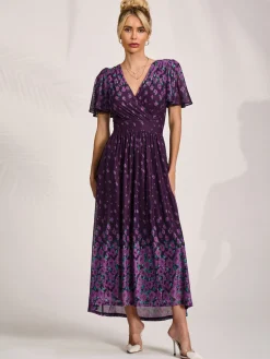 Mesh Short Sleeve Midaxi Dress, Purple Floral