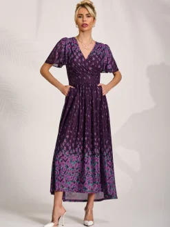 Mesh Short Sleeve Midaxi Dress, Purple Floral
