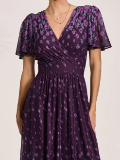 Mesh Short Sleeve Midaxi Dress, Purple Floral