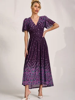 Mesh Short Sleeve Midaxi Dress, Purple Floral