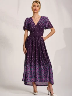 Mesh Short Sleeve Midaxi Dress, Purple Floral