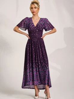 Mesh Short Sleeve Midaxi Dress, Purple Floral