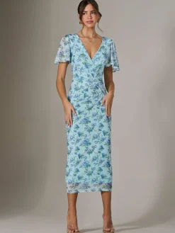 Mesh Short Sleeve Midi Dress, Blue Floral