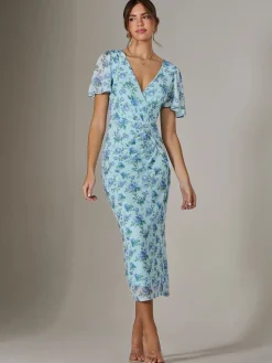 Mesh Short Sleeve Midi Dress, Blue Floral