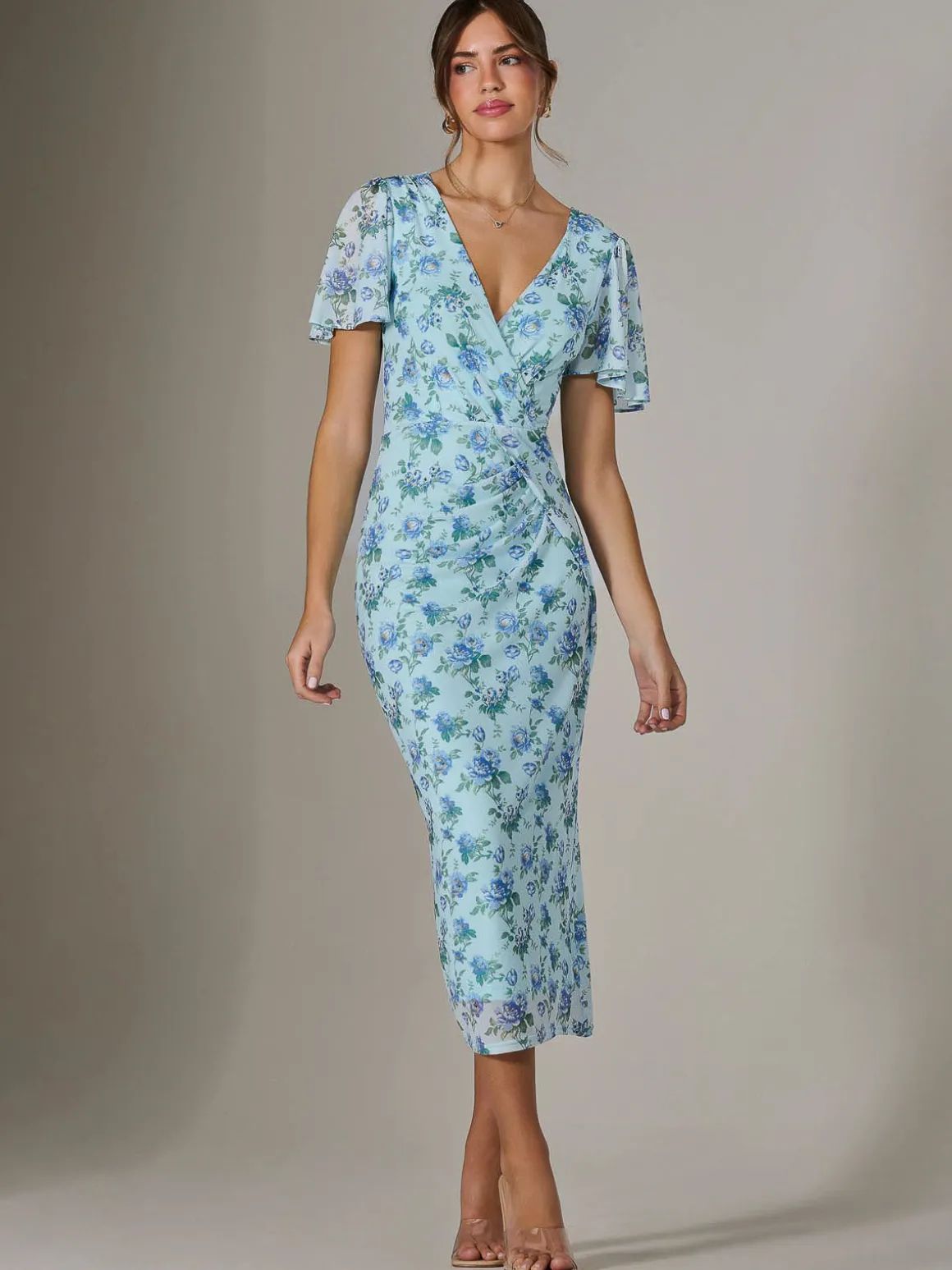 Mesh Short Sleeve Midi Dress, Blue Floral