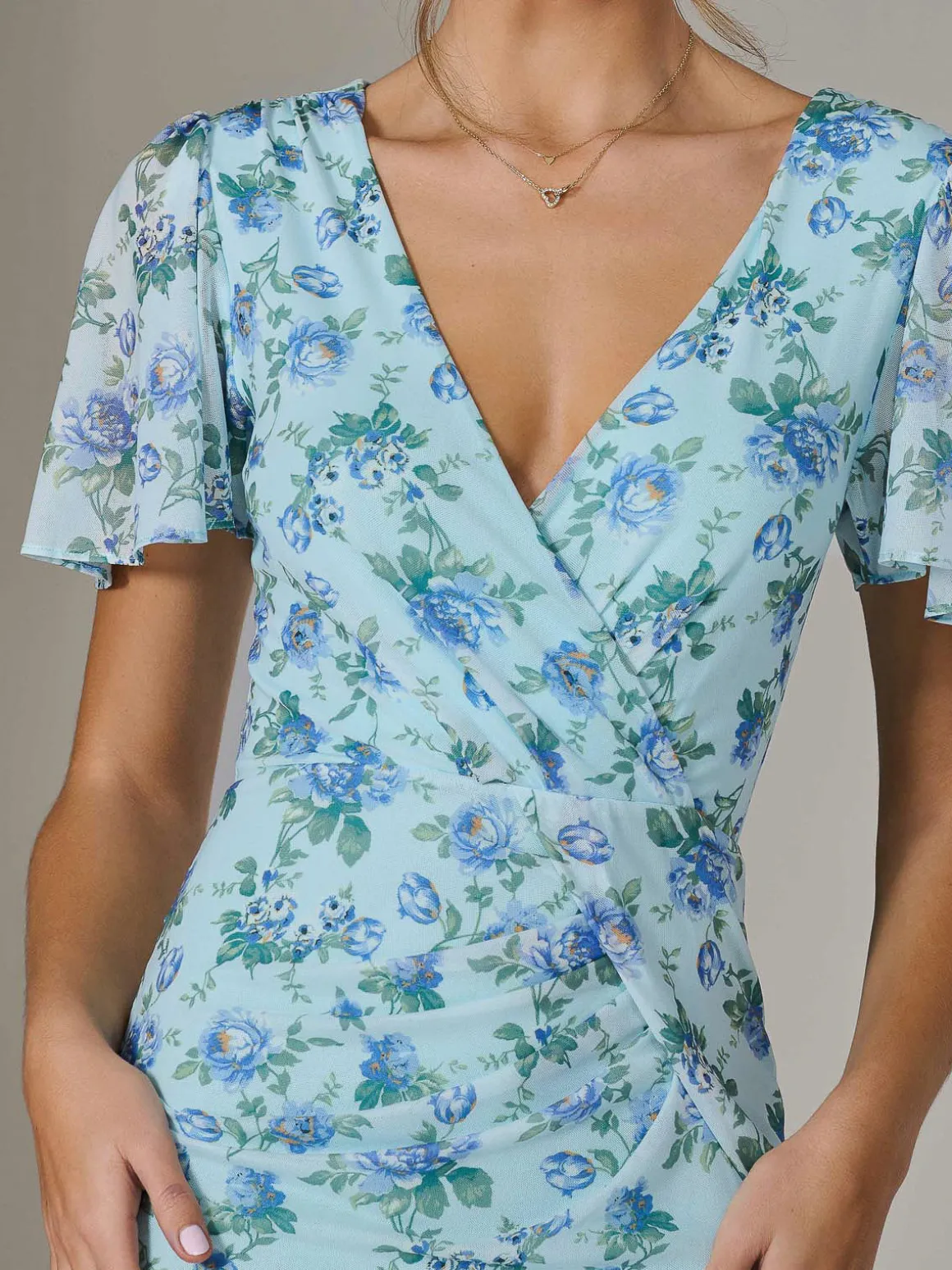Mesh Short Sleeve Midi Dress, Blue Floral
