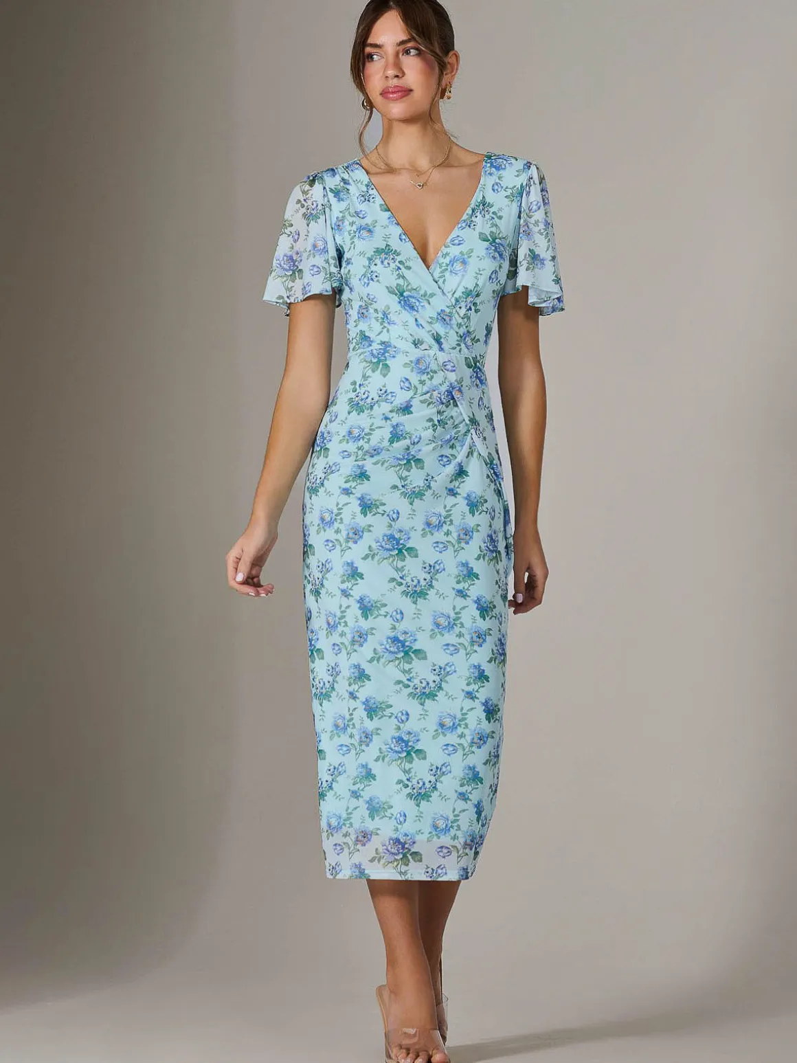 Mesh Short Sleeve Midi Dress, Blue Floral
