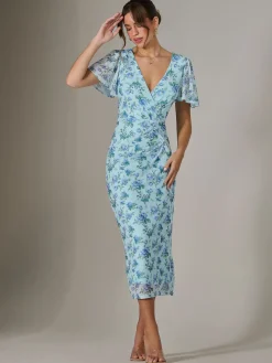 Mesh Short Sleeve Midi Dress, Blue Floral