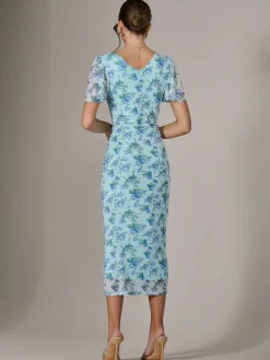 Mesh Short Sleeve Midi Dress, Blue Floral