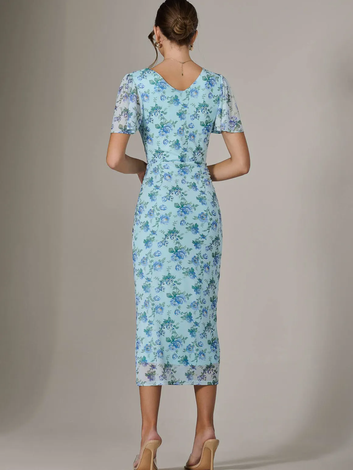 Mesh Short Sleeve Midi Dress, Blue Floral