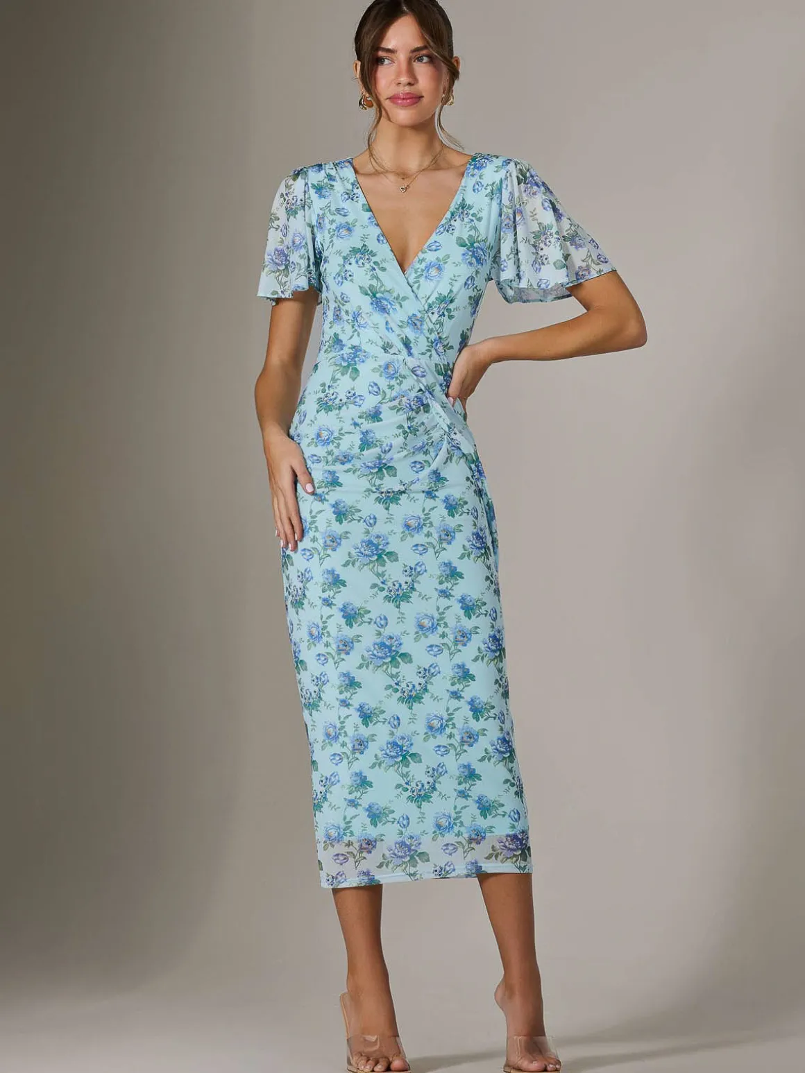 Mesh Short Sleeve Midi Dress, Blue Floral