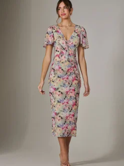 Mesh Short Sleeve Midi Dress, Multi Floral