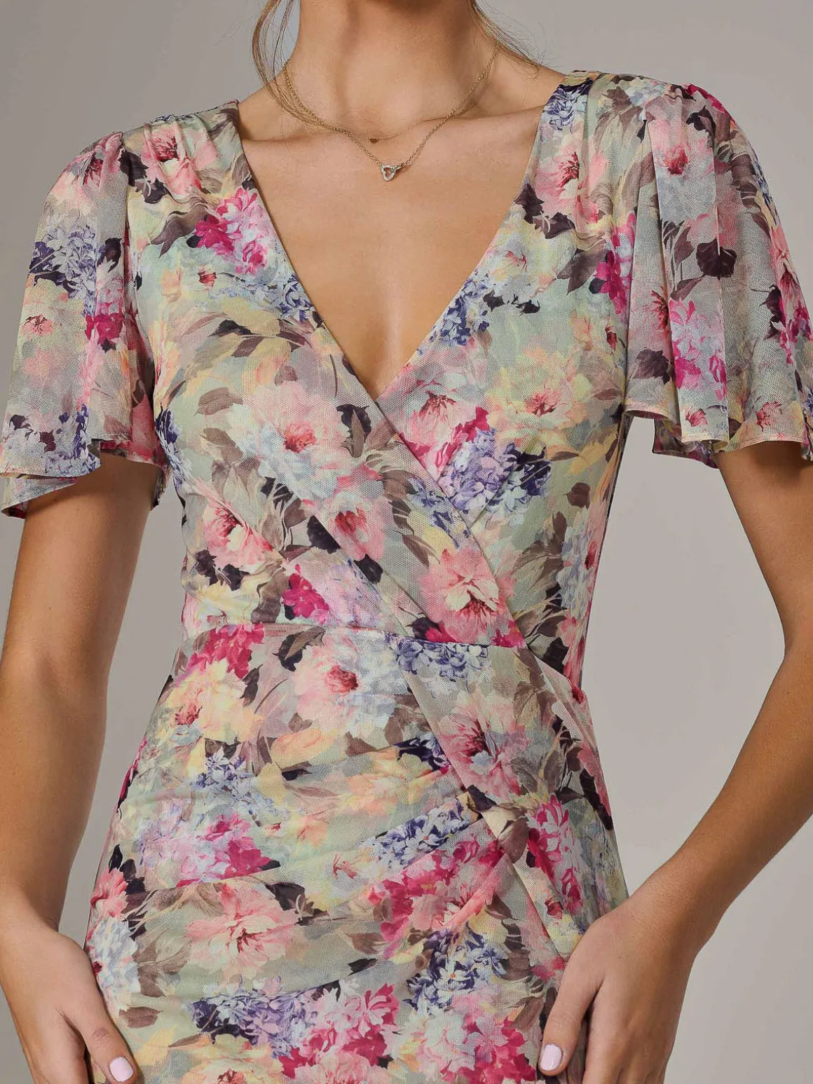 Mesh Short Sleeve Midi Dress, Multi Floral