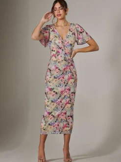 Mesh Short Sleeve Midi Dress, Multi Floral