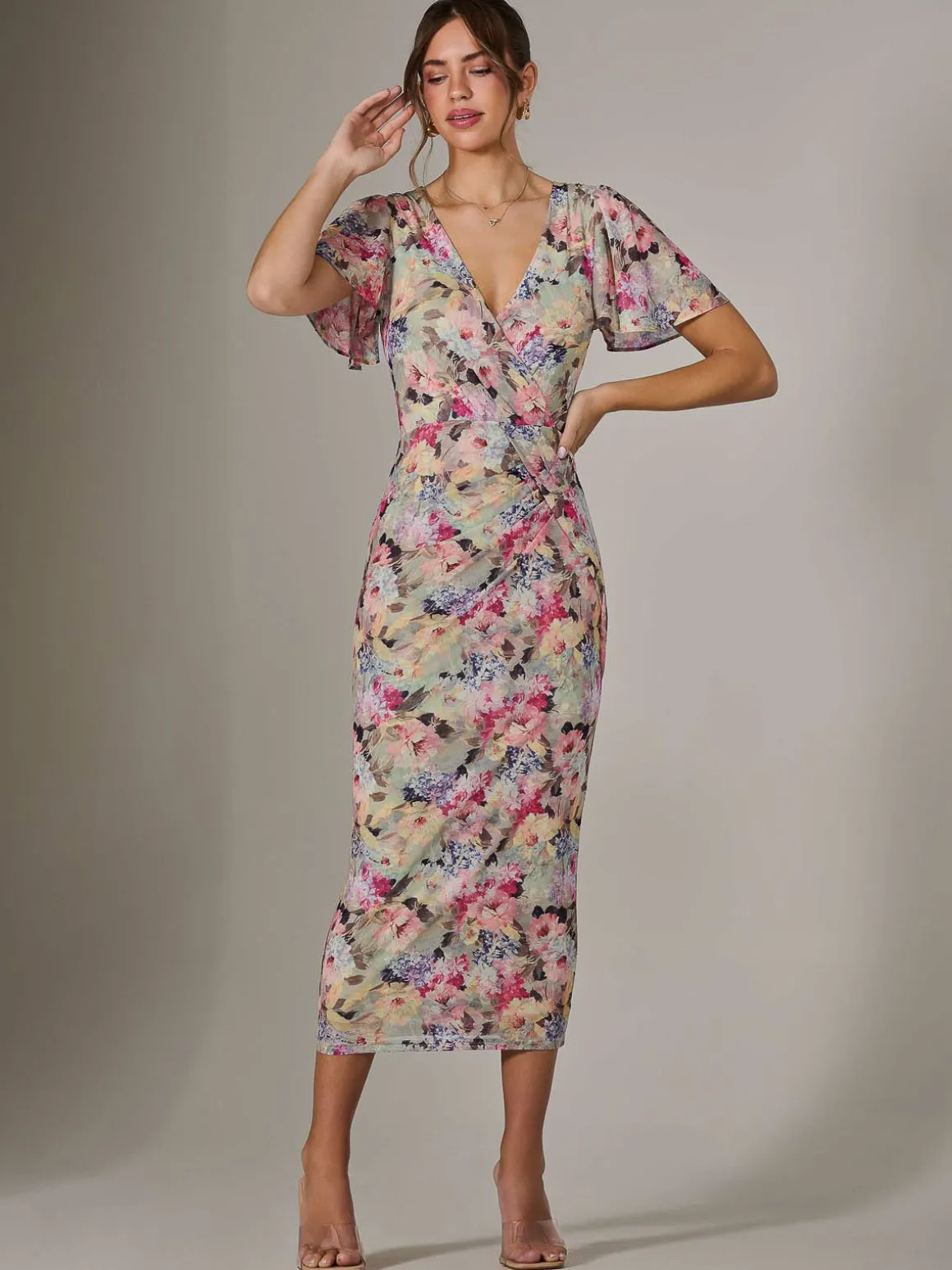 Mesh Short Sleeve Midi Dress, Multi Floral