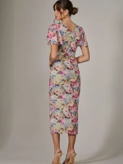 Mesh Short Sleeve Midi Dress, Multi Floral