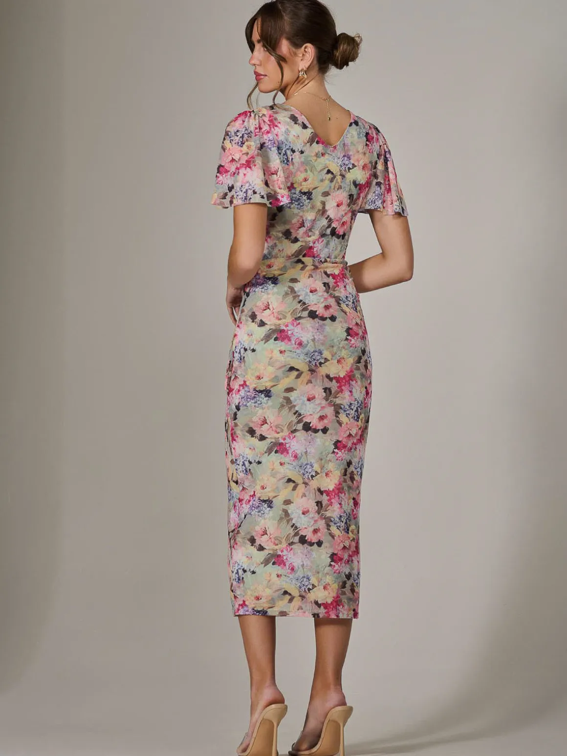 Mesh Short Sleeve Midi Dress, Multi Floral