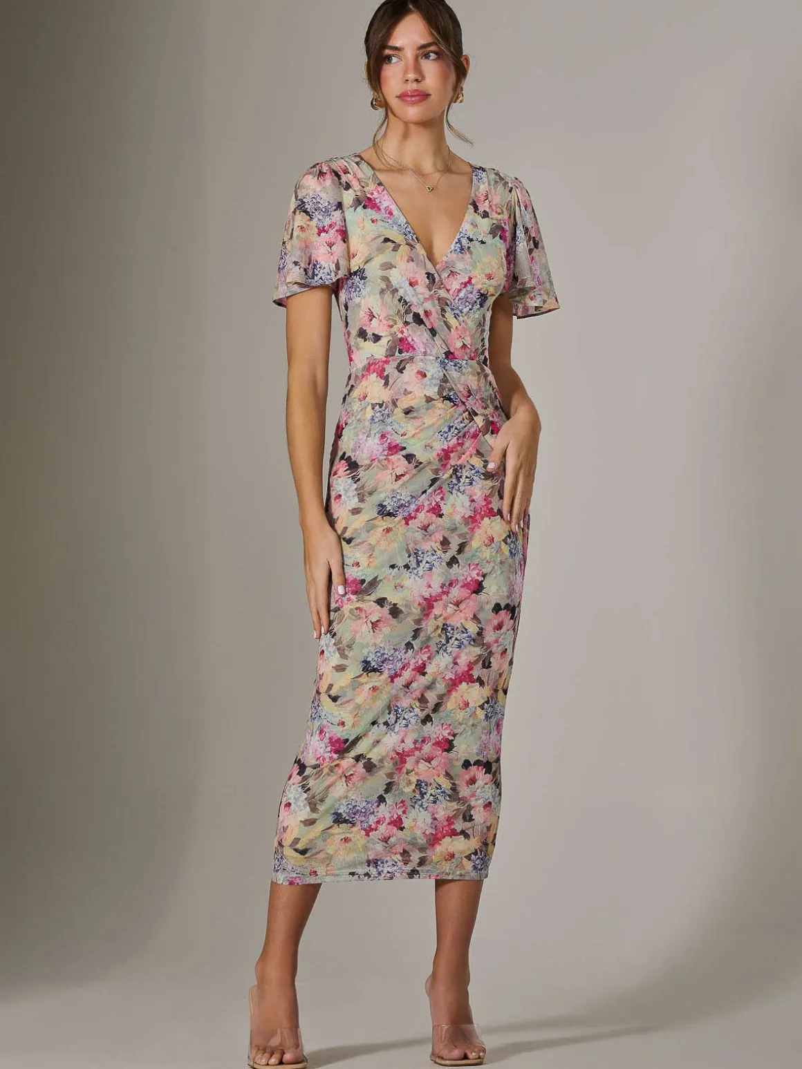 Mesh Short Sleeve Midi Dress, Multi Floral