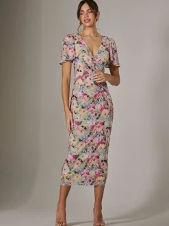 Mesh Short Sleeve Midi Dress, Multi Floral