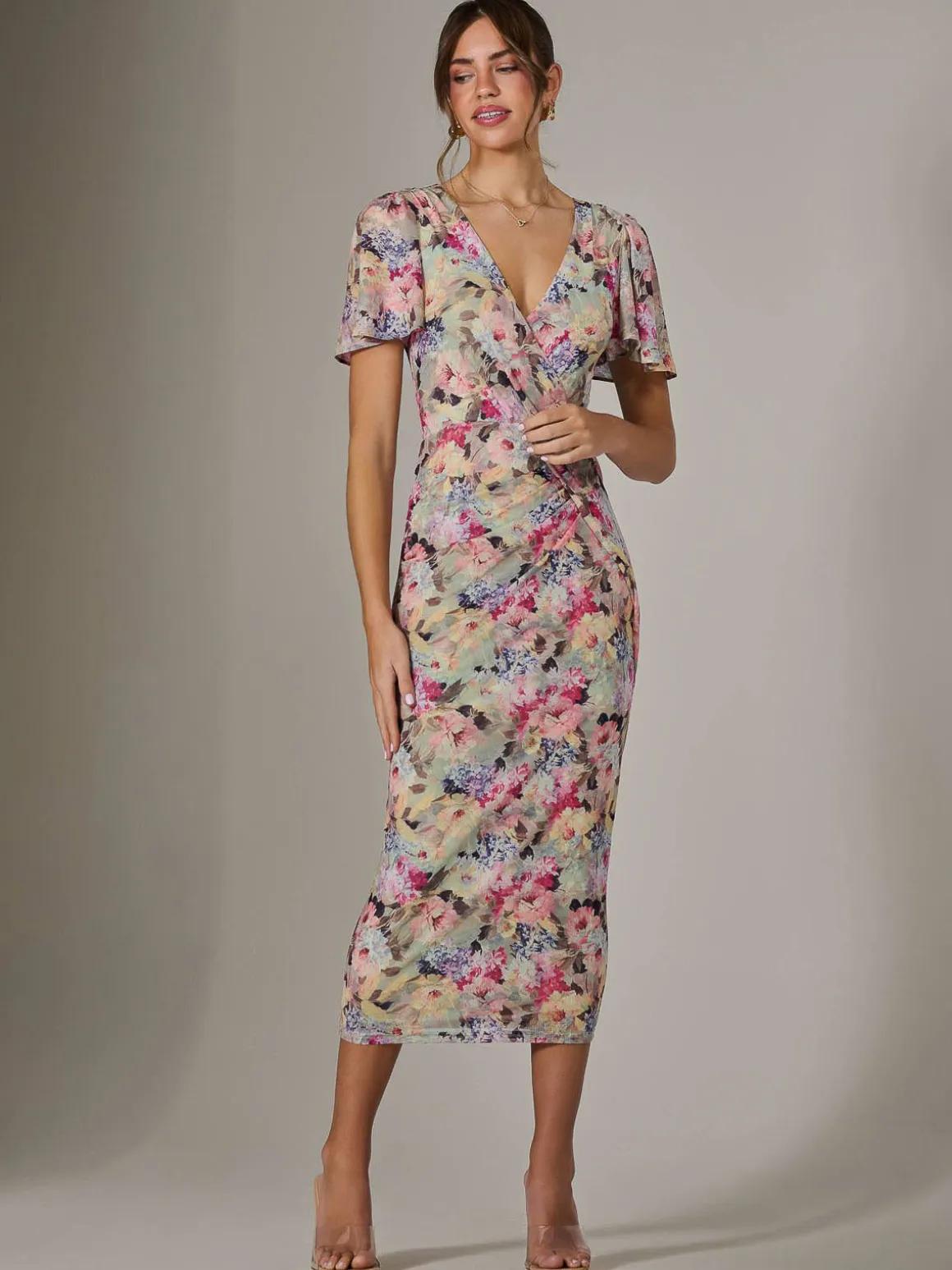 Mesh Short Sleeve Midi Dress, Multi Floral