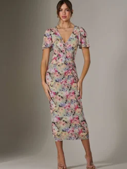 Mesh Short Sleeve Midi Dress, Multi Floral