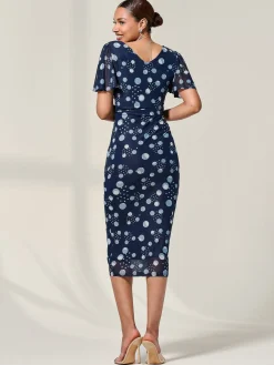 Mesh Short Sleeve Midi Dress, Navy Spot